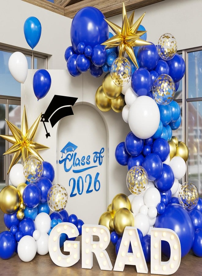 LANGASQUE Blue White Gold Balloon Arch Kit Graduation Decorations 2026, 130Pcs Blue and White Balloons and Foil Star Balloon with Confetti Ribbons Grad Party Decorations for College High School Class of 2026 - Image 1