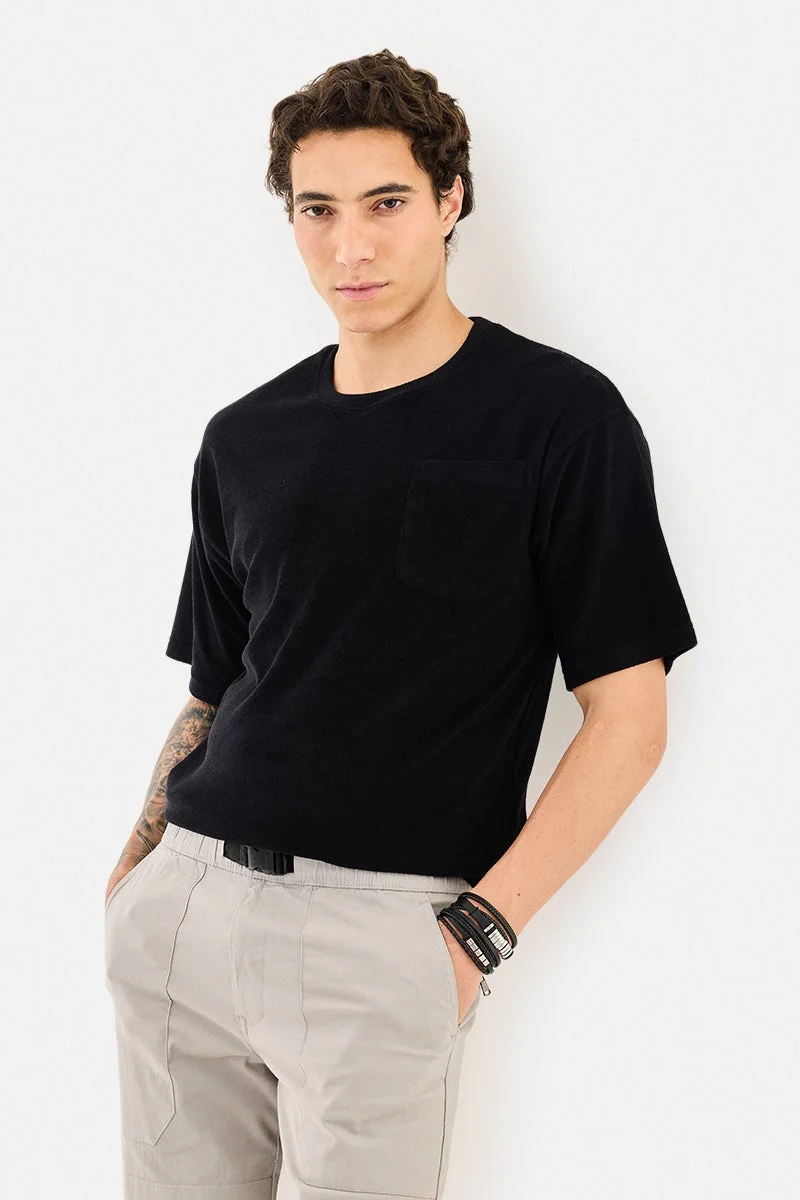 سنيتش Black Textured Half Sleeve Oversized Streetwear T-Shirt