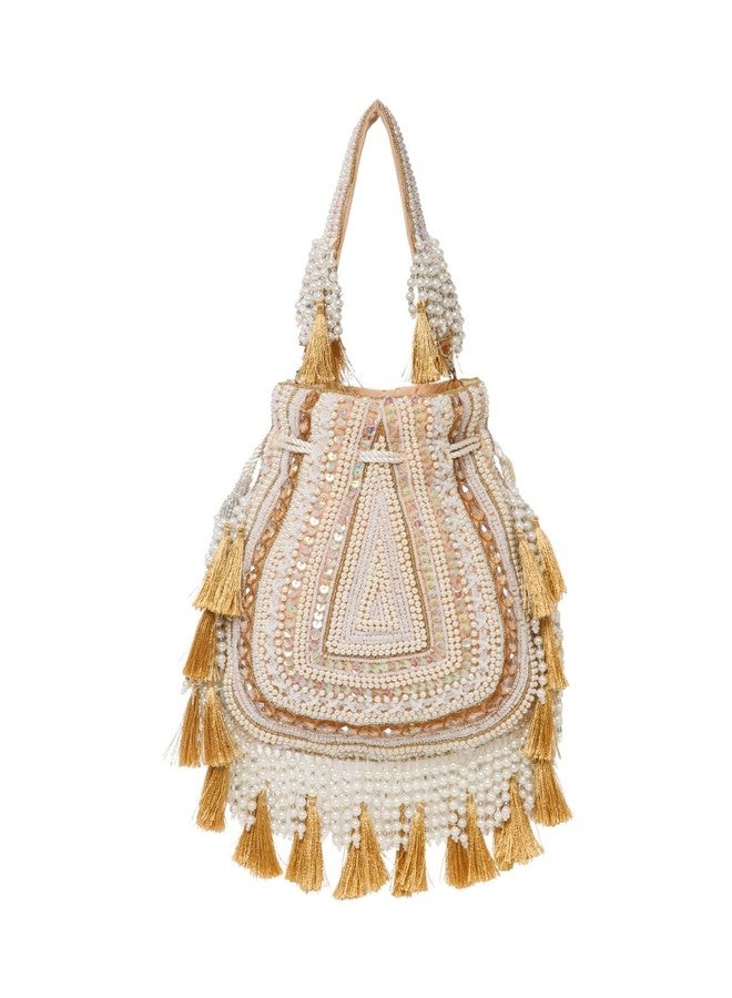 Anekaant Dewdrop Fringe Gold Velvet Embellished Potli For Women | Wedding & Festive Bag - Image 1