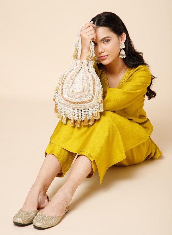 Anekaant Dewdrop Fringe Gold Velvet Embellished Potli For Women | Wedding & Festive Bag - Image 2