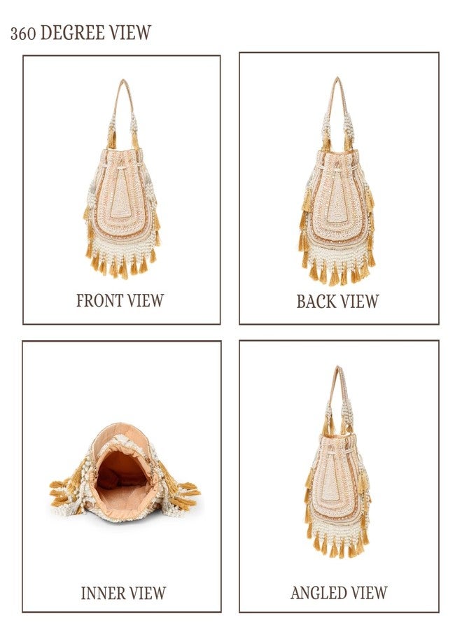 Anekaant Dewdrop Fringe Gold Velvet Embellished Potli For Women | Wedding & Festive Bag - Image 4