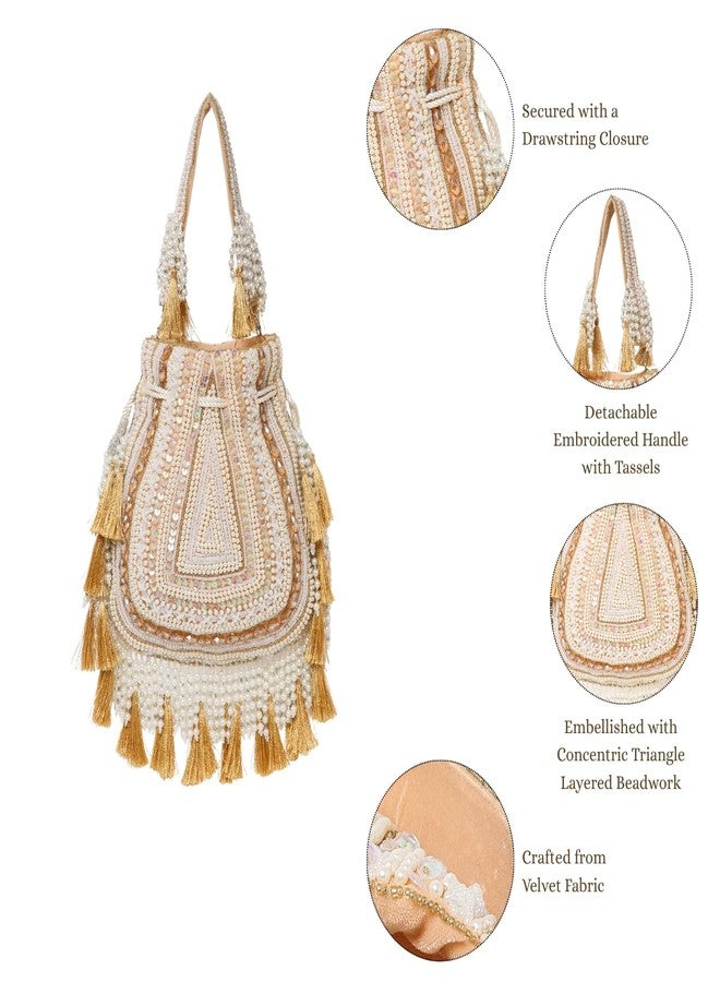 Anekaant Dewdrop Fringe Gold Velvet Embellished Potli For Women | Wedding & Festive Bag - Image 3