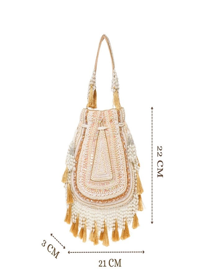 Anekaant Dewdrop Fringe Gold Velvet Embellished Potli For Women | Wedding & Festive Bag - Image 5