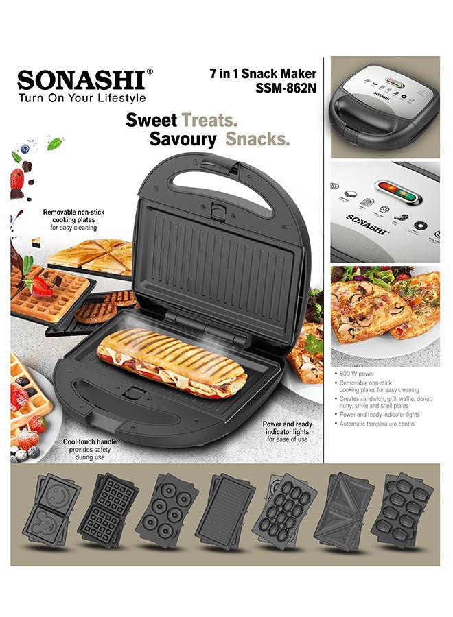 7-In-1 Non-Stick Multi Snack Maker with Detachable Sandwich/Grill/Waffle/Donut/Nutty/Smile/Shell Cake Plates | Compact Body with Cool-touch Handle | Indicator Light with Auto Cut-OFF feature | Anti-skid Feet 800 W SSM-862 Black/Silver
