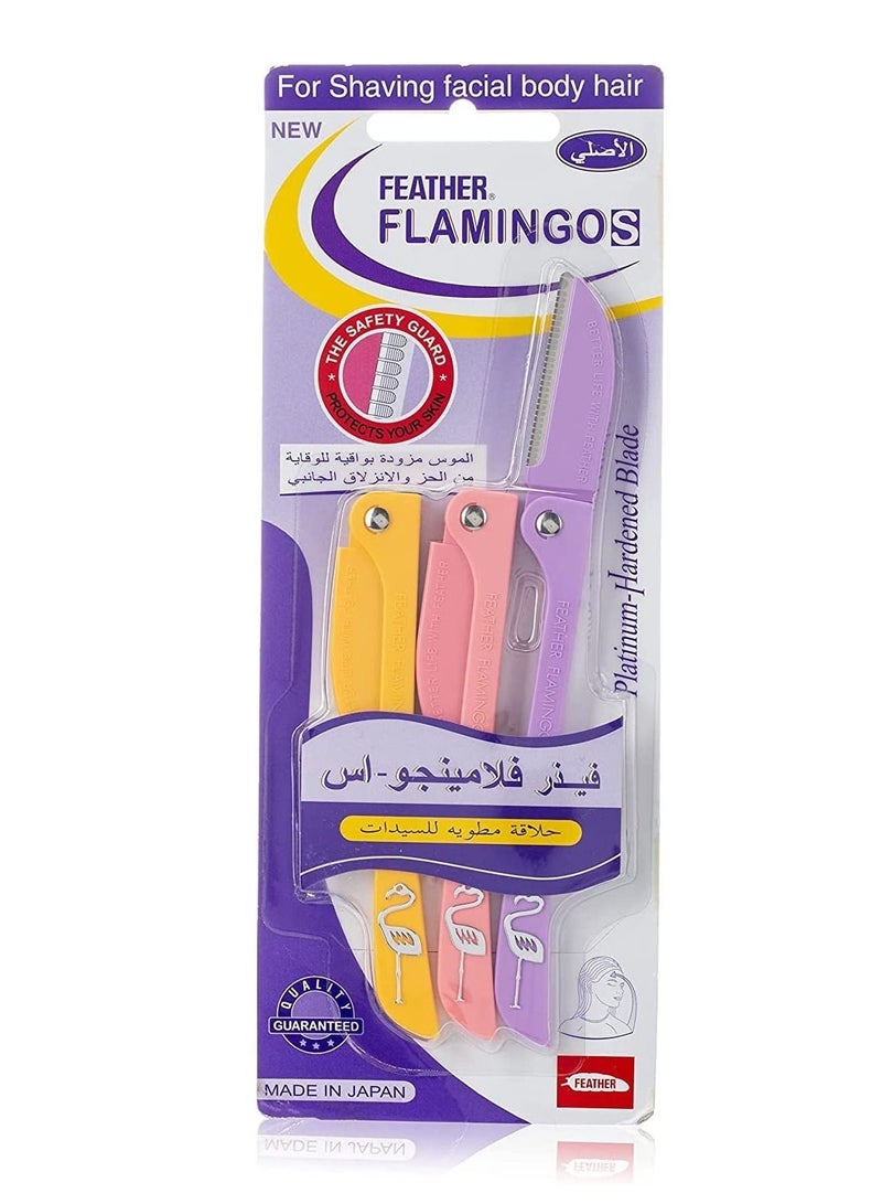 فيذر-فلامنجو شفرات فلامنجو للسيدات لإزالة شعر الوجه والجسم مكوّنة من 3 شفرات أصفر/ وردي/ أرجواني - Image 1
