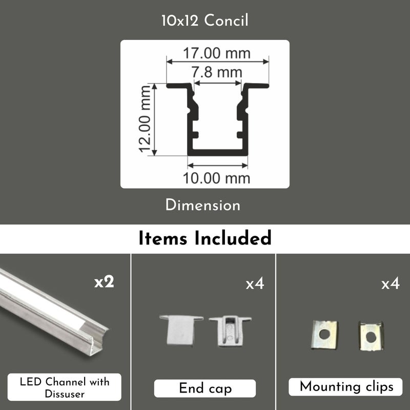Abaj Lighting 10x12mm LED Strip Light 1Meter Aluminium Rectangular Conciled Profile Light Channels with Diffused Cover End Caps and Mounting Clips Without LED Straight Linear Pack of 2 - Image 2