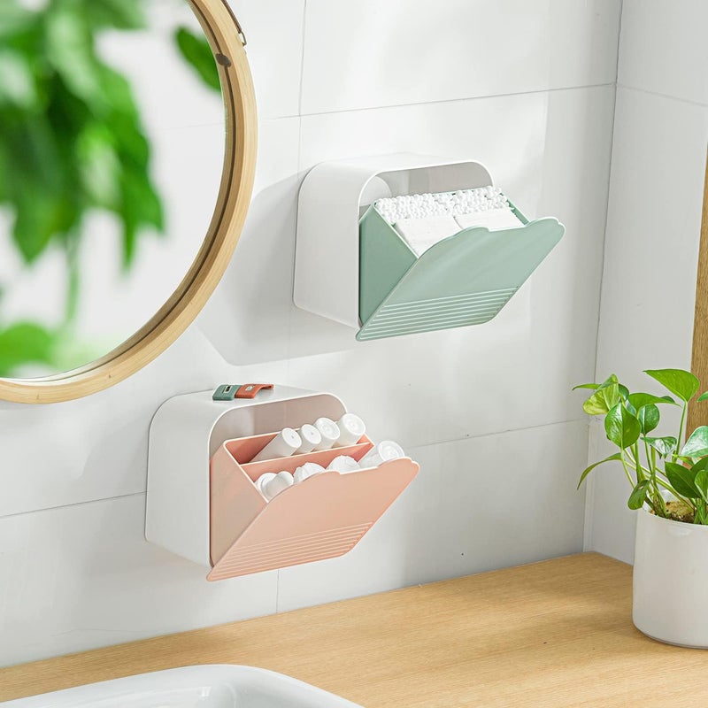 MORNITE Wall Organizer Box Jar, Bathroom Vanity Storage Canister Holder for Cotton Swabs,Balls,Makeup Pads,Sponges,Bath Salts,Sanitary Napkins, Kitchen Office Bedroom Washroom,Pink - Image 1