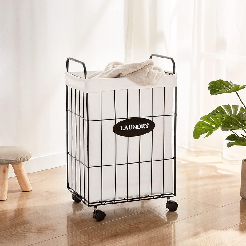 INDIAN DECOR 2180 Iron Wire Laundry Rack With Lockable Wheels Laundry Storage Basket with Handles Detachable Liner Dirty Laundry Hamper Cart Sorter Clothes Basket Organizer 236 inches Black - Image 3