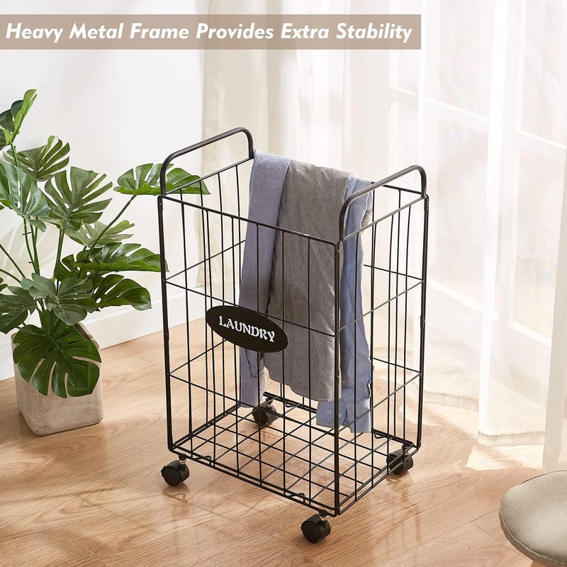 INDIAN DECOR 2180 Iron Wire Laundry Rack With Lockable Wheels Laundry Storage Basket with Handles Detachable Liner Dirty Laundry Hamper Cart Sorter Clothes Basket Organizer 236 inches Black - Image 4