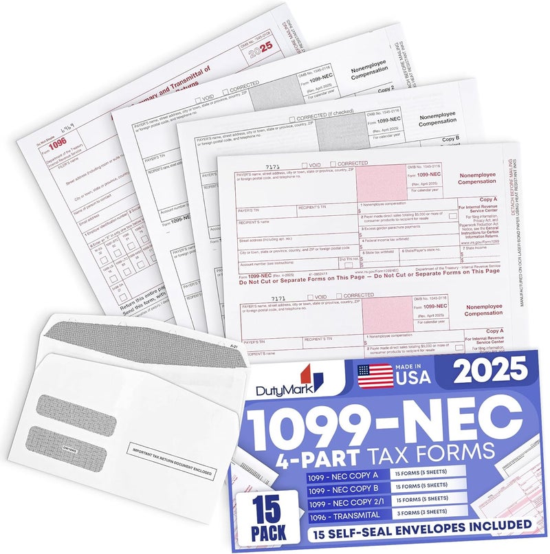 Dutymark 1099 NEC Tax Forms 2025 with Envelopes, 4 Part 15 Pack Tax Forms Kit and 15 Self-Seal Envelopes –Great for QuickBooks and Accounting Software, Value Pack for Business - Made in The USA - 15-Pack - Image 1