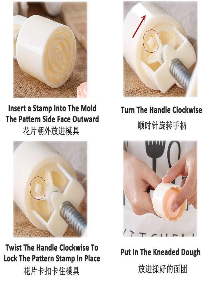 ToYooZe JHBK. Moon Cake Mold 4 Pcs, Mid Autumn Festival DIY Hand Press Cookie Stamps Pastry Tool Moon Cake Maker, Flower Mode Patterns 1 Mold 4 Stamps 50g (White) - Image 3