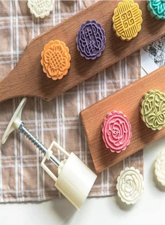 ToYooZe JHBK. Moon Cake Mold 4 Pcs, Mid Autumn Festival DIY Hand Press Cookie Stamps Pastry Tool Moon Cake Maker, Flower Mode Patterns 1 Mold 4 Stamps 50g (White) - Image 1