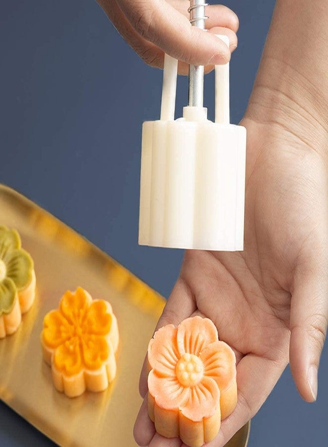 ToYooZe JHBK. Moon Cake Mold 4 Pcs, Mid Autumn Festival DIY Hand Press Cookie Stamps Pastry Tool Moon Cake Maker, Flower Mode Patterns 1 Mold 4 Stamps 50g (White) - Image 2