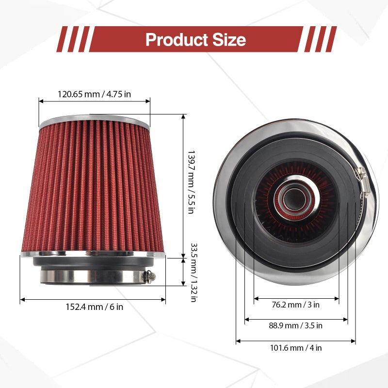 GESEXI Universal Clamp On Air Intake Filter fits 3 In /3.5 In /4 In Three Different Size, Cone Air Intake Filter-Red - Image 2