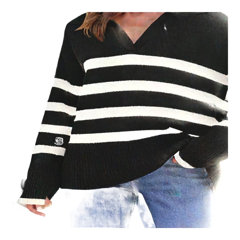Women's Loose Fit Long Sleeve Striped Knit Sweater with Lapel Collar - Image 1