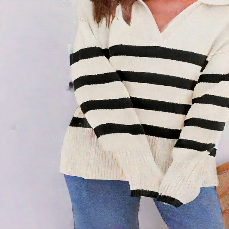 Women's Loose Fit Long Sleeve Striped Knit Sweater with Lapel Collar - Image 3