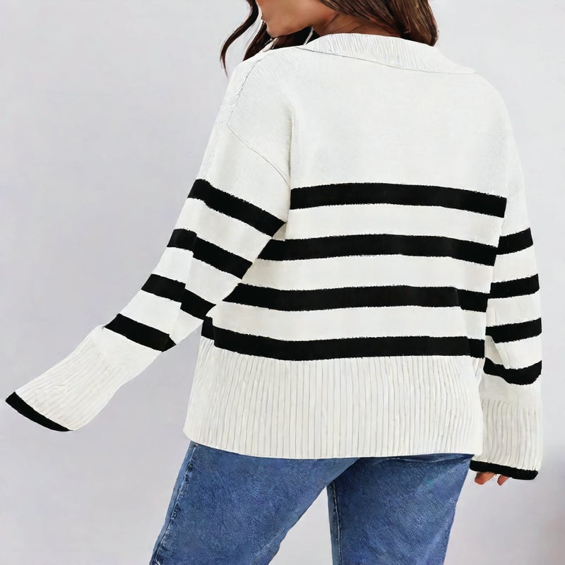 Women's Loose Fit Long Sleeve Striped Knit Sweater with Lapel Collar - Image 2