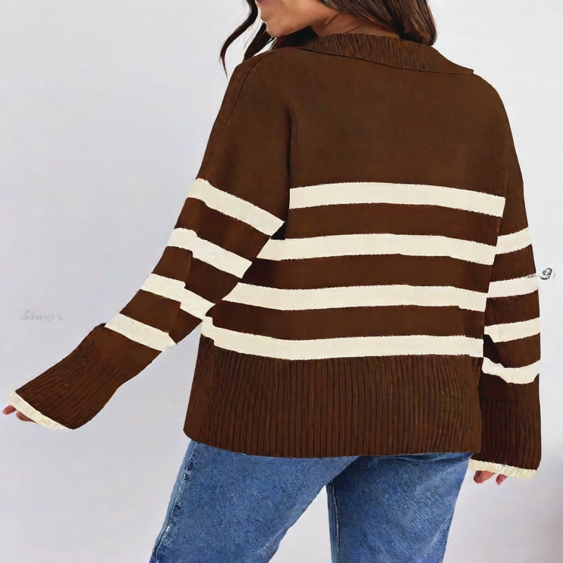 Women's Loose Fit Long Sleeve Striped Knit Sweater with Lapel Collar - Image 4