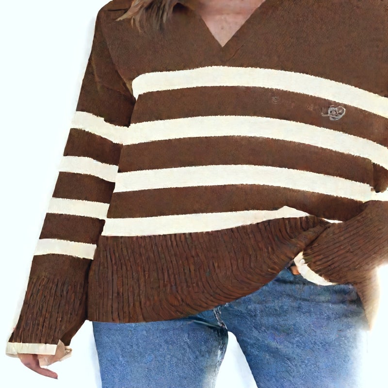 Women's Loose Fit Long Sleeve Striped Knit Sweater with Lapel Collar - Image 5
