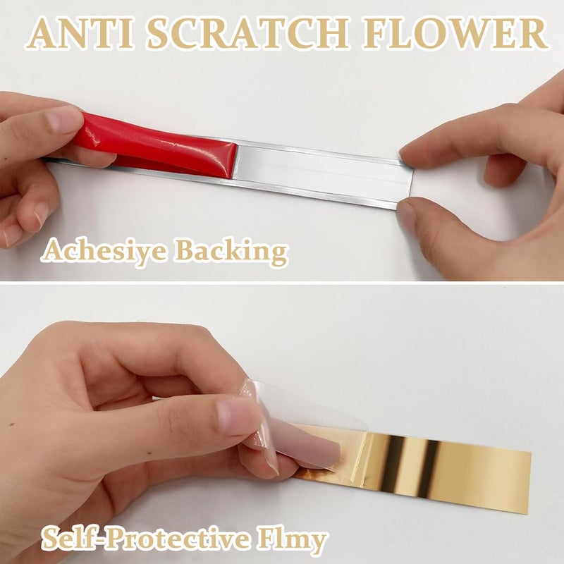 HASTHIP شريط حائط معدني ذهبي بطول 16.4 قدم، 201 من الفولاذ المقاوم للصدأ ذاتي اللصق، قابل للتقشير واللصق، بتشطيب معدني يشبه المرآة لحواف الجدران والأسقف والأرضيات وخزائن البلاط، - Image 3