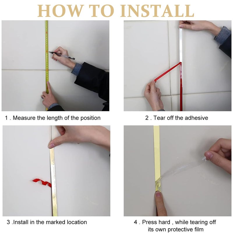 HASTHIP شريط حائط معدني ذهبي بطول 16.4 قدم، 201 من الفولاذ المقاوم للصدأ ذاتي اللصق، قابل للتقشير واللصق، بتشطيب معدني يشبه المرآة لحواف الجدران والأسقف والأرضيات وخزائن البلاط، - Image 4