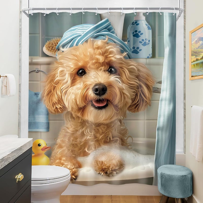 Riyidecor Funny Dog Shower Curtain 60Wx72H Inch Kids Cute Puppy Poodle Lovely Cartoon Fun Pet Animal in Bathtub Rubber Duck Blue Hilarious Bathroom Decor Fabric Polyester Waterproof 12 Pack Hooks - Image 4