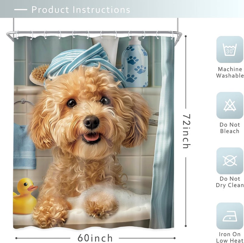 Riyidecor Funny Dog Shower Curtain 60Wx72H Inch Kids Cute Puppy Poodle Lovely Cartoon Fun Pet Animal in Bathtub Rubber Duck Blue Hilarious Bathroom Decor Fabric Polyester Waterproof 12 Pack Hooks - Image 5