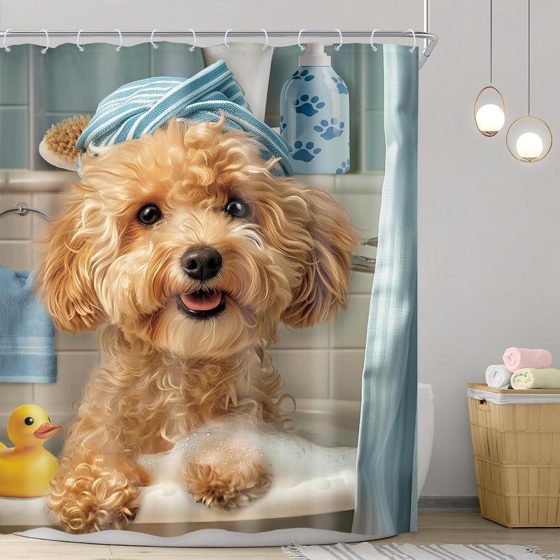 Riyidecor Funny Dog Shower Curtain 60Wx72H Inch Kids Cute Puppy Poodle Lovely Cartoon Fun Pet Animal in Bathtub Rubber Duck Blue Hilarious Bathroom Decor Fabric Polyester Waterproof 12 Pack Hooks - Image 2