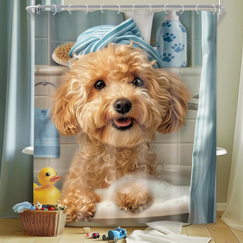 Riyidecor Funny Dog Shower Curtain 60Wx72H Inch Kids Cute Puppy Poodle Lovely Cartoon Fun Pet Animal in Bathtub Rubber Duck Blue Hilarious Bathroom Decor Fabric Polyester Waterproof 12 Pack Hooks - Image 1