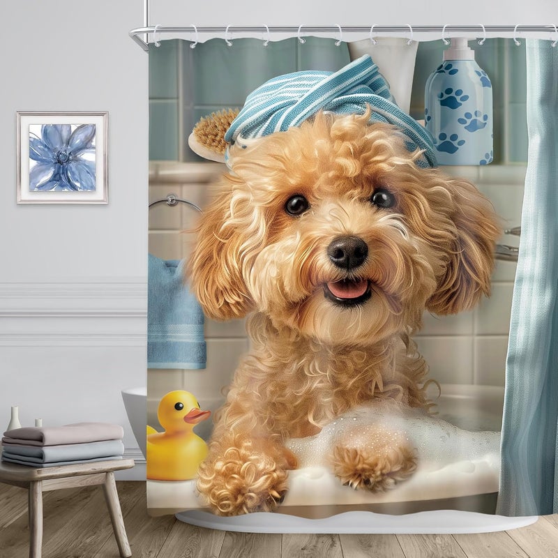 Riyidecor Funny Dog Shower Curtain 60Wx72H Inch Kids Cute Puppy Poodle Lovely Cartoon Fun Pet Animal in Bathtub Rubber Duck Blue Hilarious Bathroom Decor Fabric Polyester Waterproof 12 Pack Hooks - Image 3