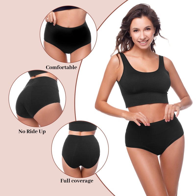 Walifrey Period Underwear for Women, High Waisted Panties Leakproof Postpartum Cotton Briefs 3 Pack Black L - Image 5