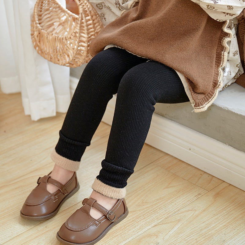 Baby Leggings Vertical Stripe Foot Mouth Mao Lined Fleece Outer Wear Children'S Baby Fall/Winter Big Pp Western Style Girls' Pants - Image 1
