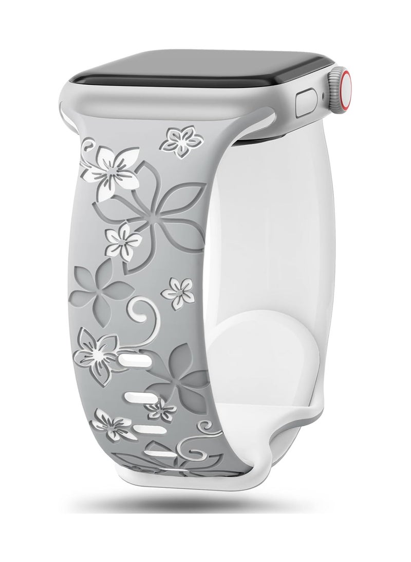 Floral Engraved Bands Compatible with Apple Watch Band 42mm 41mm 40mm 38mm for Women,Cute Flower iWatch Bands Soft Silicone Sport Strap for iWatch Series SE 10 9 8 7 6 5 4 3 Ultra, Grey/White - Image 1