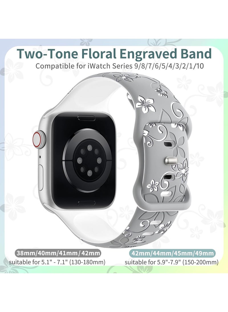 Floral Engraved Bands Compatible with Apple Watch Band 42mm 41mm 40mm 38mm for Women,Cute Flower iWatch Bands Soft Silicone Sport Strap for iWatch Series SE 10 9 8 7 6 5 4 3 Ultra, Grey/White - Image 2