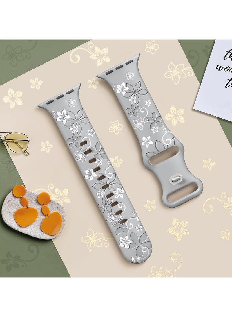 Floral Engraved Bands Compatible with Apple Watch Band 42mm 41mm 40mm 38mm for Women,Cute Flower iWatch Bands Soft Silicone Sport Strap for iWatch Series SE 10 9 8 7 6 5 4 3 Ultra, Grey/White - Image 3