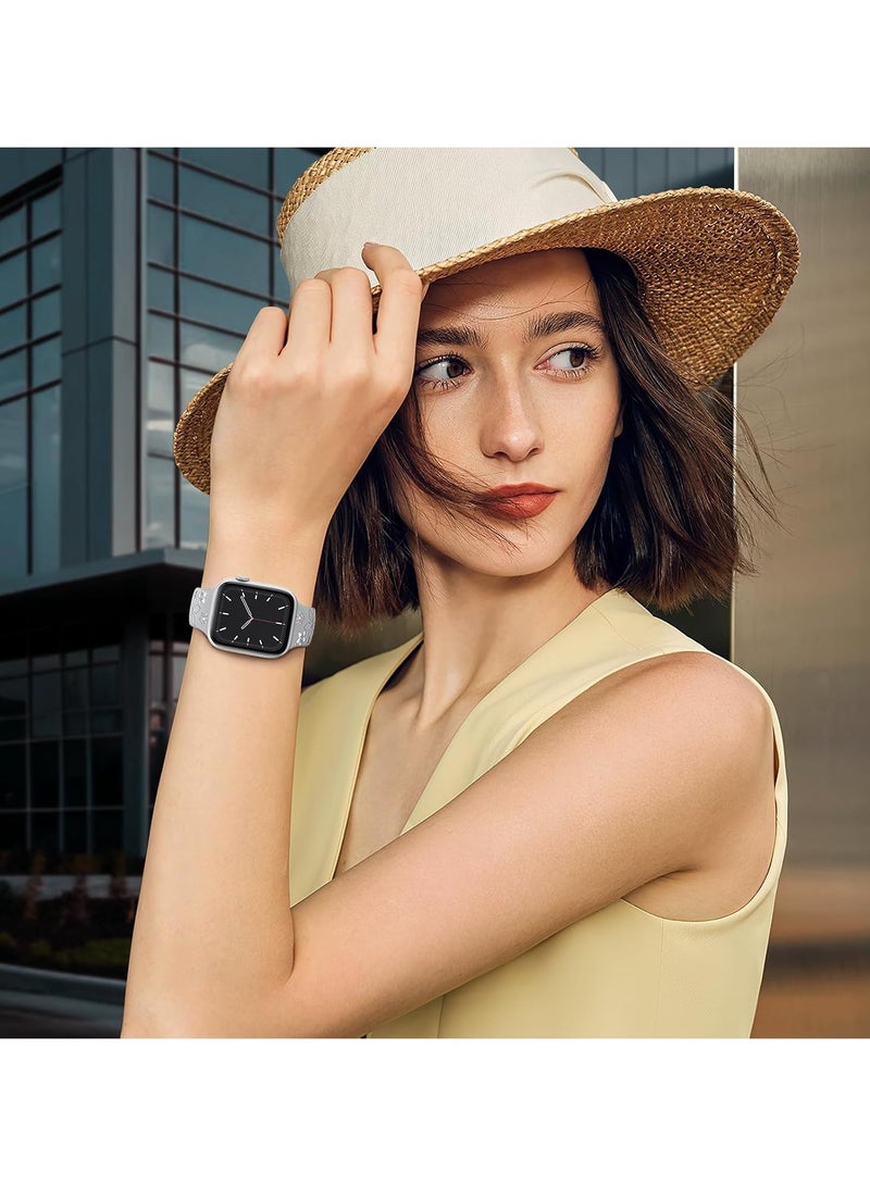 Floral Engraved Bands Compatible with Apple Watch Band 42mm 41mm 40mm 38mm for Women,Cute Flower iWatch Bands Soft Silicone Sport Strap for iWatch Series SE 10 9 8 7 6 5 4 3 Ultra, Grey/White - Image 4