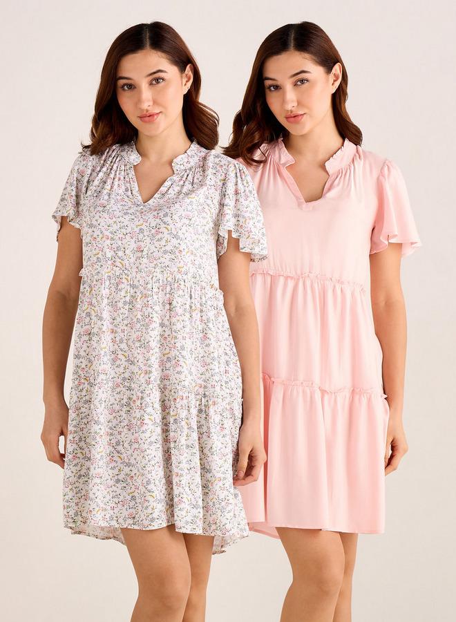 Splash FAV Set of 2 Night Dress Flutter Sleeves Tiered Viscose - Image 1