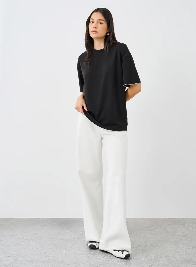 ستايلي Styli Black Contrast Hem Textured Oversized T-Shirt