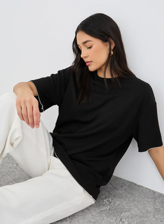 ستايلي Styli Black Contrast Hem Textured Oversized T-Shirt