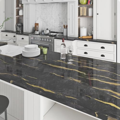 ELTON Black Marble High Gloss Self Adhesive Vinyl Wallpaper,Furniture Film,24 x 96 Inches(Black Marble) - Image 5