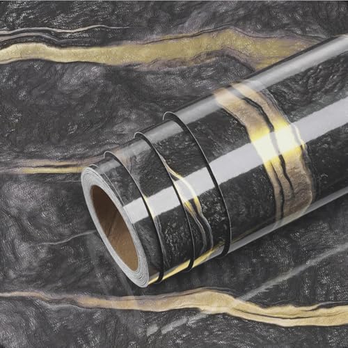 ELTON Black Marble High Gloss Self Adhesive Vinyl Wallpaper,Furniture Film,24 x 96 Inches(Black Marble) - Image 2