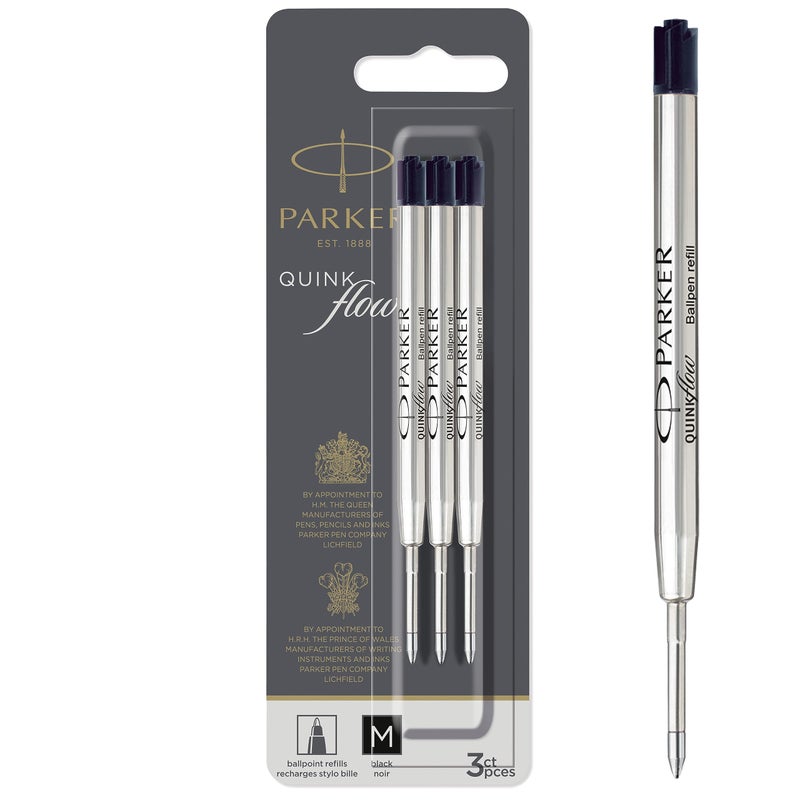 PARKER QUINKflow Ballpoint Pen Ink Refills, Medium Tip, Black, 3 Count - Image 1