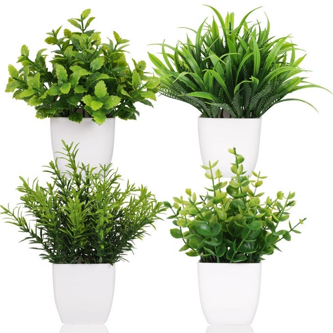4 POT SMALL FAKE PLANT FLOWERPOT ARTIFICIAL PLASTIC EUCALYPTUS PLANT WHEAT GRASS SHRUB PLANT INDOOR DESK COFFEE TABLE BATHROOM BEDROOM HOME DECORATION 4