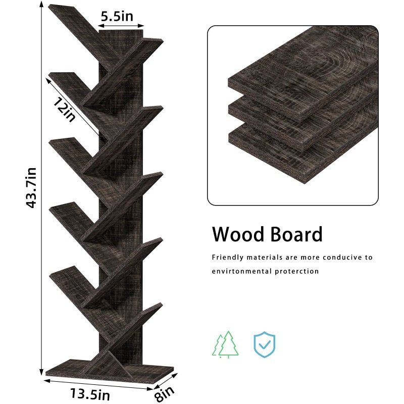 SHEEPAM 10 Tier Tree Book Shelf, Floor Standing Wood Bookshelf for Narrow Space, Storage Organizer Bookshelves for Books/CDs/Magazine, Bookcase with Shelves for Home Office, Living Room - Dark Grey - Image 3