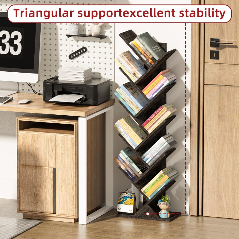 SHEEPAM 10 Tier Tree Book Shelf, Floor Standing Wood Bookshelf for Narrow Space, Storage Organizer Bookshelves for Books/CDs/Magazine, Bookcase with Shelves for Home Office, Living Room - Dark Grey - Image 4