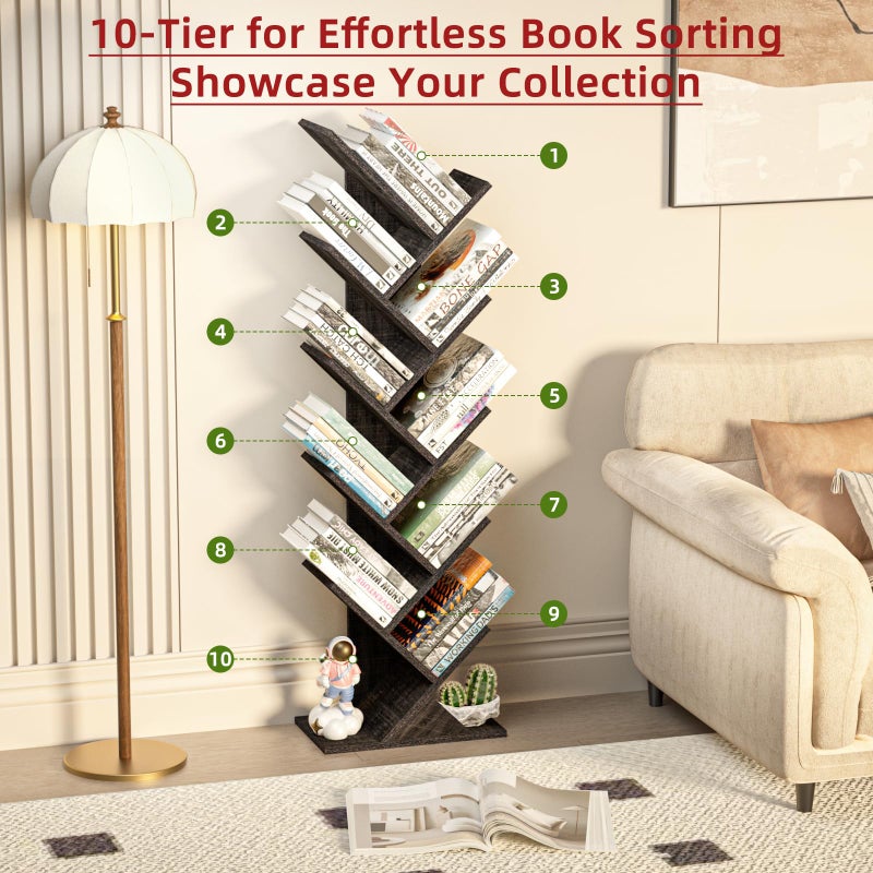 SHEEPAM 10 Tier Tree Book Shelf, Floor Standing Wood Bookshelf for Narrow Space, Storage Organizer Bookshelves for Books/CDs/Magazine, Bookcase with Shelves for Home Office, Living Room - Dark Grey - Image 2