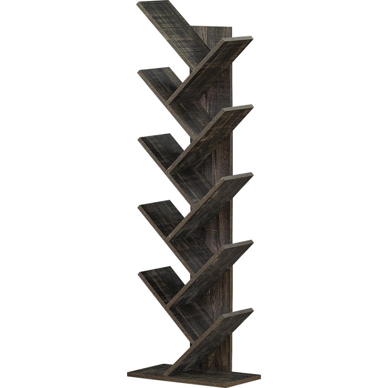 SHEEPAM 10 Tier Tree Book Shelf, Floor Standing Wood Bookshelf for Narrow Space, Storage Organizer Bookshelves for Books/CDs/Magazine, Bookcase with Shelves for Home Office, Living Room - Dark Grey - Image 1