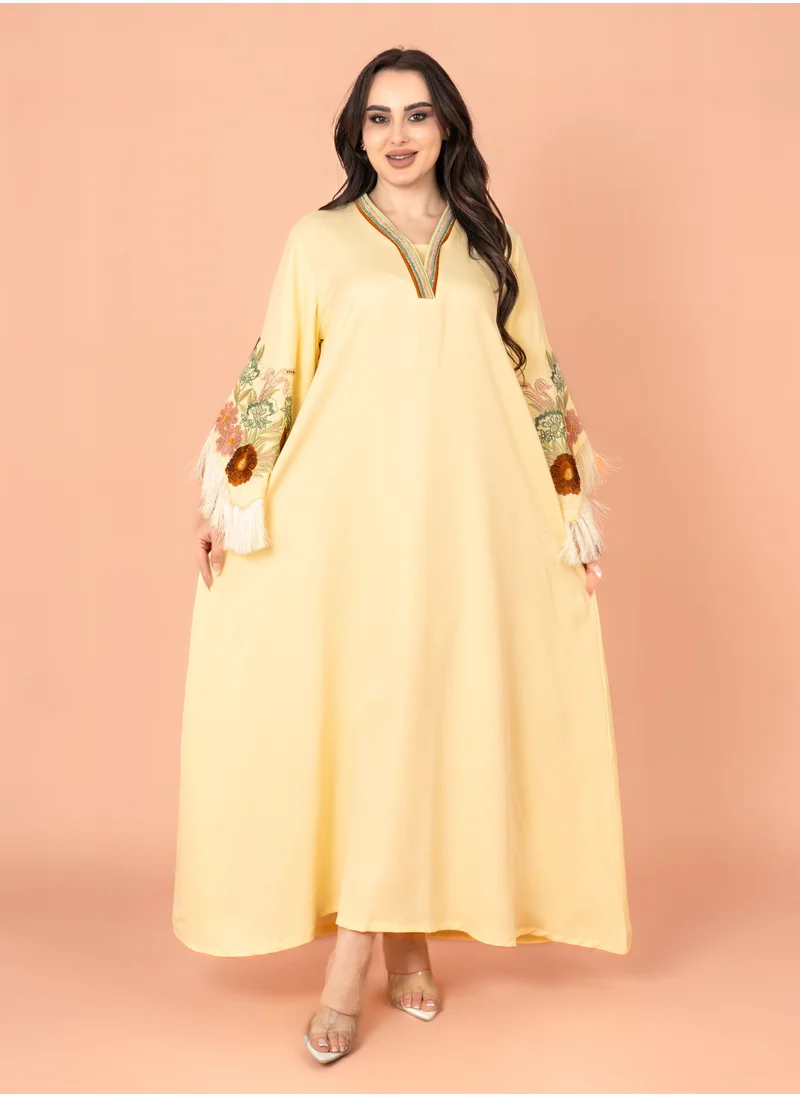 IKKXA Shimmer Detail Sleeves Embroidered Jalabiya Yellow