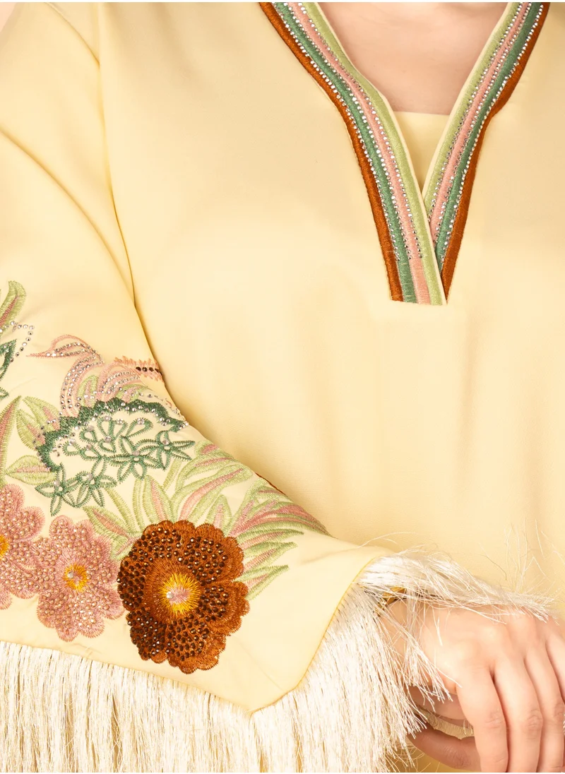 IKKXA Shimmer Detail Sleeves Embroidered Jalabiya Yellow