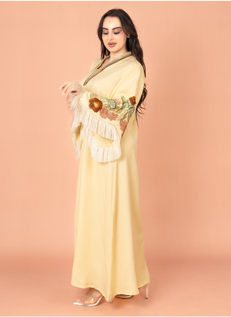 IKKXA Shimmer Detail Sleeves Embroidered Jalabiya Yellow  - Image 3